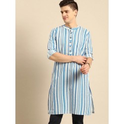 индийская мужская курта голубая в белую полоску XL