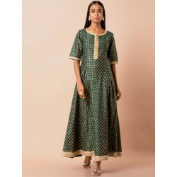 длинное индийское платье зеленое с золотым принтом S