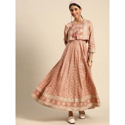 длинное индийское платье персиковое с жилеткой S/ M