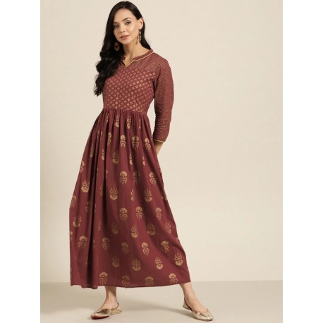 индийское длинное платье бордовое с принтом XL