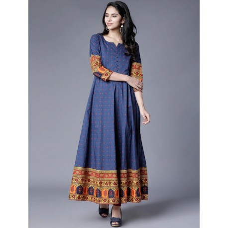 длинное индийское синее платье с принтом S