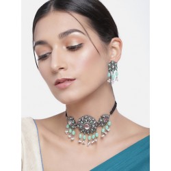 индийские украшения - ожерелье и пара серег зеленый цвет