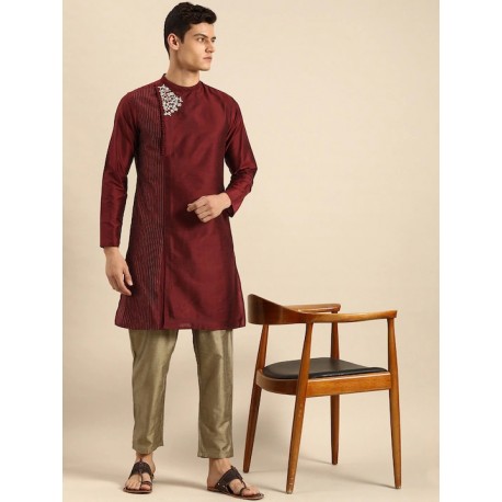 мужской индийский костюм бордовая курта и бежевые брюки XL