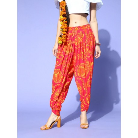 индийские женкие брюки ярко розовые с оранжевым принтом S/ M