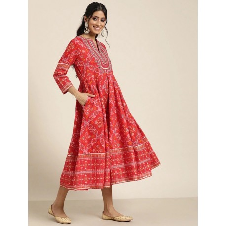 длинное индийское красное платье с принтом и вышивкой S