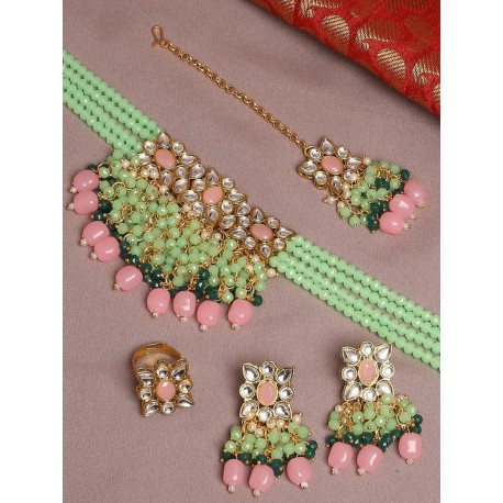 индийский комплект украшений зеленый с розовымин