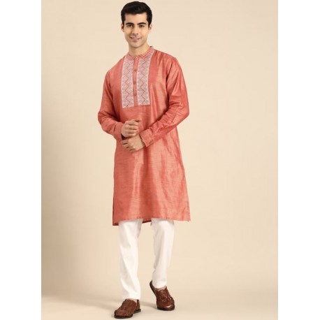индийский мужской костюм - оранжевая курта и белые брюки L