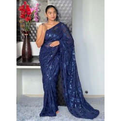 индийское темно синее сари с вышивкой пайетками