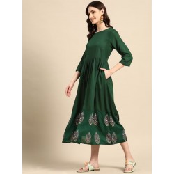индийское платье темно зеленое с принтом L