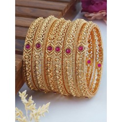 индийские браслеты (6 штук) с розовыми камнями 56 мм