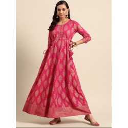 длинное индийское платье ярко розовое с золотом XS