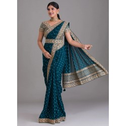 индийское сари синее с вышивкой