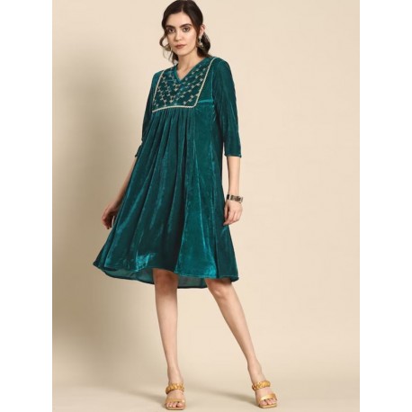 индийское платье вельвет темно бирюзовое с вышивкой L