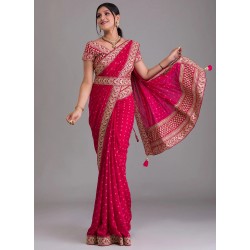 индийское сари ярко розовое с вышивкой