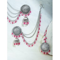 индийские серьги и тика серебро с розовыми бусинами