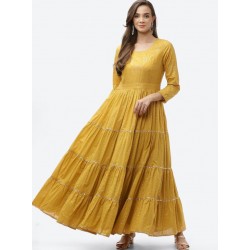 длинное индийское платье желтое с золотым печатным принтом XS