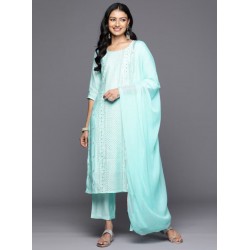индийский женский костюм нежно голубой с серебром XL