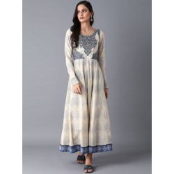 длинное индийское платье бежевое с синими узорами и вышивкой L