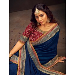 индийское сари синее с контрастной каймой и блузкой