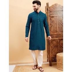 индийская мужская курта синяя с вышивкой