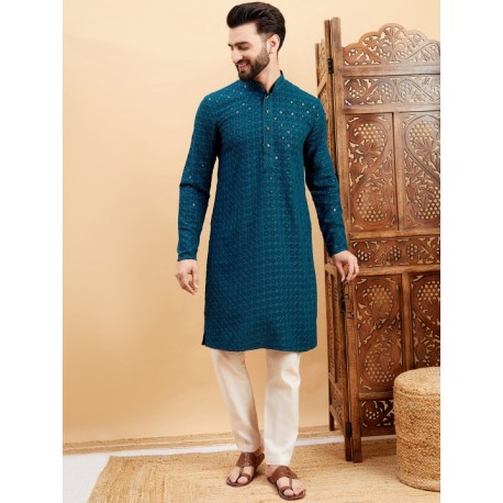 индийская мужская курта синяя с вышивкой