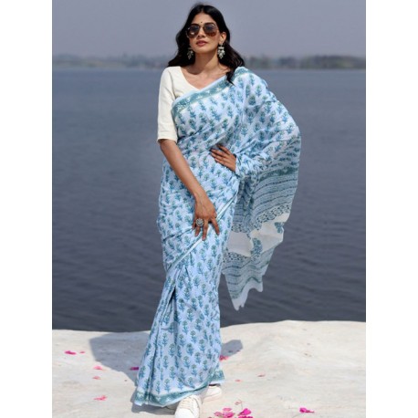 индийское сари голубое хлопковое с цветочным принтом