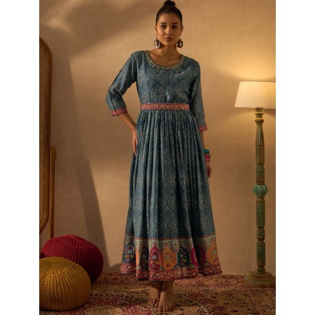 длинное индийское платье синее с узорами