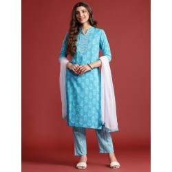 женский индийский костюм голубой с белым принтом