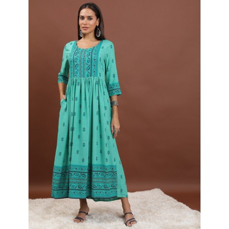 индийское платье бирюзовое с принтом