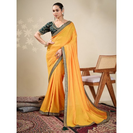 индийское сари горчичное с золотым бордюром