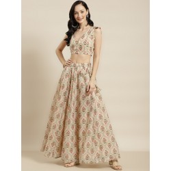 индийский юбочный костюм ленга чоли кремовый с цветами