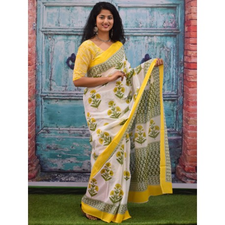 индийское сари хлопковое белое с желтыми цветами