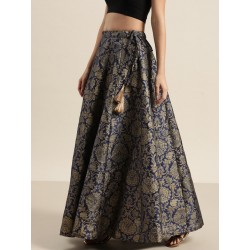 длинная индийская синяя юбка с золотым печатным рисунком