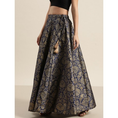 длинная индийская синяя юбка с золотым печатным рисунком