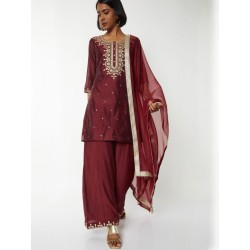 индийский женский праздничный костюм бордовый с вышивкой