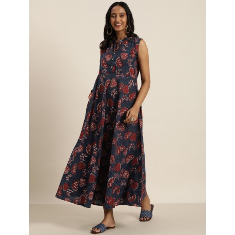 длинное индийское платье синее с бордовыми цветами