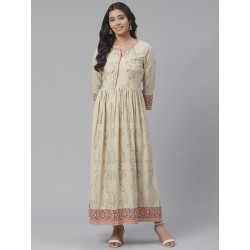 длинное индийское платье бежевое с принтом и вышивкой S