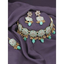 индийские украшения - бирюзовый сет (ожерелье, серьги, тика)