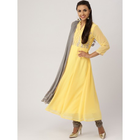 индийский костюм - желтая туника с вышивкой, серые чуридары и дупатта  S